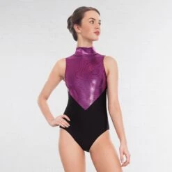 1st Position Lynn Two Tone Hologram High Neck Keyhole Leotard -Dance Direct Store black magenta q36 bm 3 1