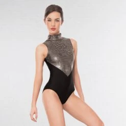 1st Position Lynn Two Tone Hologram High Neck Keyhole Leotard -Dance Direct Store black silver q36 bs 1 1