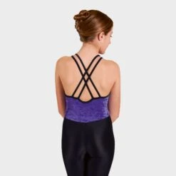 1st Position Elaine Velour Camisole Strap Catsuit -Dance Direct Store delphinium black q71 purple back 1