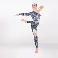 1st Position Cutaway Contrasting Panelled One Shoulder Catsuit -Dance Direct Store fpc23037 silver oct2024 003 1