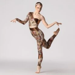 1st Position Cutaway Contrasting Panelled One Shoulder Catsuit -Dance Direct Store fpc23037 rust 1