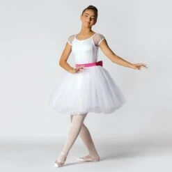 1st Position Scoop Neck Net Overlay Romantic Tutu With Contrasting Bow Trim 7 1st Position Scoop Neck Net Overlay Romantic Tutu With Contrasting Bow Trim -Dance Direct Store fpc23042 whiteneonpink 2