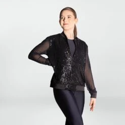 1st Position Sequin Bomber Jacket With Mesh Sleeves -Dance Direct Store fpc24059 blk april 2025 04