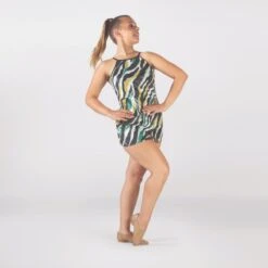 1st Position Printed Overdress On Biketard With Contrast Straps -Dance Direct Store fpc25052a black khaki 004