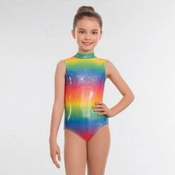 1st Position Jill Polo Neck Printed Leotard Rainbow Foil