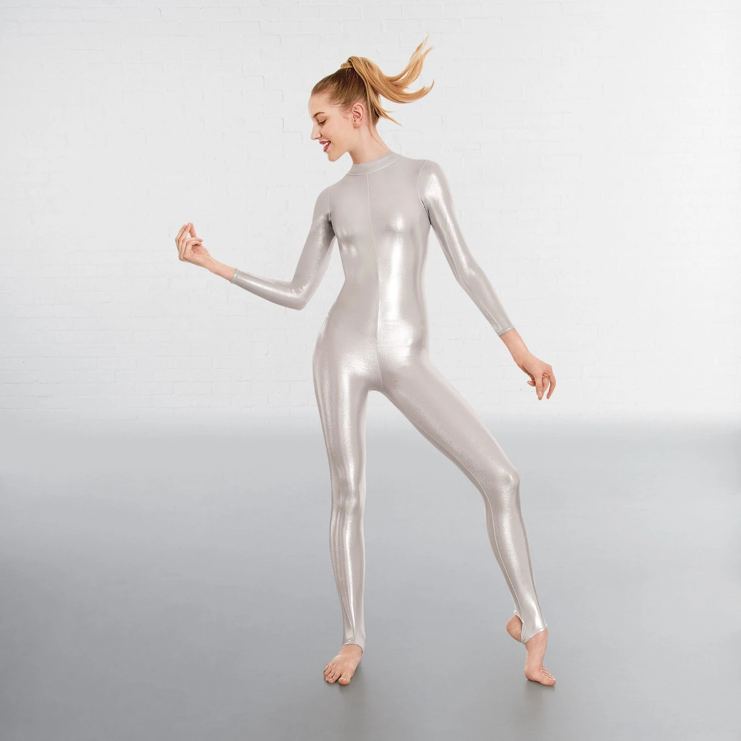 1st Position Toni Silver Long Sleeved Foil Catsuit 1 1st Position Toni Silver Long Sleeved Foil Catsuit